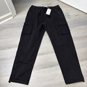 Bershka Men's Baggy Cargos Black Pants Drawstring Waist Size XL